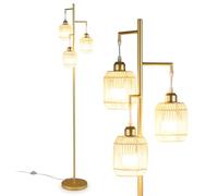 COSTWAY 3-Light Floor Lamp, Standing Corner Lamp with Paper-Woven Lampshades, E27 Sockets & Foot Switch, 173cm Tall Tree Reading Floor Light for Living Room Bedroom Office, Bulbs Not Included (Golden)