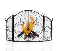 COSTWAY 3 Panel Folding Fire Guard, 151 x 83cm Large Fireplace Screen Fence with Handle, Floral Pattern & Flexible Hinges, Wrought Iron Mesh Spark Fire Panels for Wood and Coal Firing Stoves Grills