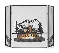 COSTWAY 3 Panel Folding Fire Guard, Large Fireplace Screen Fence with Anti-slip Footpads & Flexible Hinges, Wrought Iron Mesh Spark Fire Panel for Wood Coal Firing (Moose Pattern, 132x79cm)