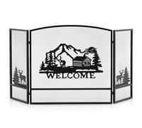 COSTWAY 3 Panel Folding Fire Guard, Large Fireplace Screen Fence with Anti-slip Footpads & Flexible Hinges, Wrought Iron Mesh Spark Fire Panel for Wood Coal Firing (Moose Pattern,No Footpad, 139x75cm)