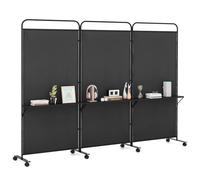 COSTWAY 3 Panel Folding Room Divider, Rolling Wall Privacy Screen Protector with 3 Metal Shelves & Lockable Wheels, Freestanding Paravent Partition Separator for Bedroom Office, 262 x 188cm (Black)