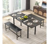 Costway 3 Pcs 160cm Dining Table Set for 4 6 Extendable Kitchen Table Set with 2 Benches in Black COSTWAY Black