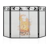 COSTWAY 3 PCS Folding Iron Fire Panel, Spark Flame Barrier with Leaves Decoration, Wide Metal Mesh Safety Fire Place Guard for Wood and Coal Firing, Stoves, Grills (Leaf Pattern, 127x76cm)