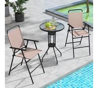 Costway 3 PCS Outdoor Folding Bistro Set Patio 2 Folding Chairs & Round Bar Table W/ 4 cm Umbrella Hole in Beige COSTWAY Beige