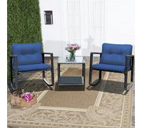 Costway 3 Pcs Outdoor Rocking Bistro Set Pe Rattan Rocking Chair Set With Cushions-Navy