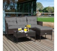 Costway 3 Pcs Patio Rattan Conversation Set Garden Corner Sofa Set W/ Coffee Table-Grey