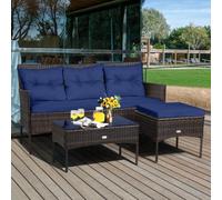 Costway 3 Pcs Patio Rattan Conversation Set Garden Corner Sofa Set W/ Coffee Table-Navy