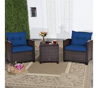 Costway 3 Pcs Patio Rattan Sofa Chair & Table Set Outdoor Wicker Bistro Set-Navy