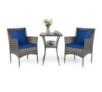 Costway 3 Pcs Patio Wicker Bistro Set W/ 2 Rattan Chairs Outdoor Conversation Furniture Set With Cushions-Navy