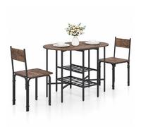Costway 3-Piece Drop Leaf Dining Table Set Extendable Kitchen Table 2 Chairs & 2-Tier Storage Shelves Brown