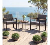 Costway 3-Piece PE Wicker Patio Set with Soft Cushion and Side Table for Balcony-Grey