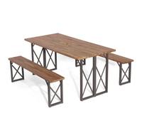 Costway 3 Pieces Outdoor Picnic Table & Bench Set Garden Wooden Dining Table W/ Umbrella Hole