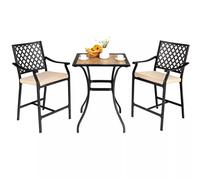 Costway 3 Pieces Patio Bar Set Bar Height Outdoor Bistro Set W/ 2 Upholstered Bar Stools in Brown COSTWAY Brown