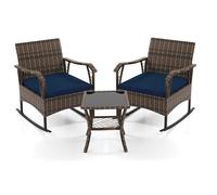 Costway 3 Pieces Rocking Bistro Set Outdoor PE Wicker Conversation Set in Navy COSTWAY Navy