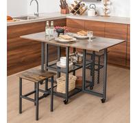 Costway 3 Set Foldable Dining Table 2 Stools Drop Leaf Extending Dining Table W/ Lockable Wheels