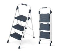 COSTWAY 3 Step Ladder, Folding Step Stool with Wide Anti Slip Pedals, Safe Lock and Handrails, Portable Household Ladder Stool for Home Garden Office DIY Use (Dark Blue, 360kg Load, 45 × 72 × 102cm)