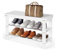 Costway 3-Tier Bamboo Shoe Bench Shoe Rack Shelf Organizer Entryway Bench Stand Display in White COSTWAY White