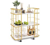 Costway 3-Tier Buffet Serving Cart Rolling Bar Serving Trolley Faux Marble Shelves Wine in White COSTWAY White