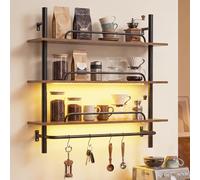 COSTWAY 3-Tier Floating Shelves for Wall, Industrial Pipe Shelving with LED Light, 4 S-Shaped Hooks, Wall Mounted Spice Rack Hanging Display Rack for Kitchen Living Room (with Remote & APP Control)