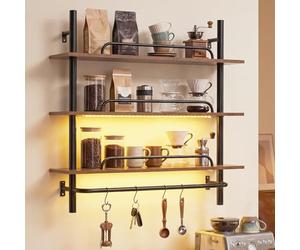 COSTWAY 3-Tier Floating Shelves for Wall, Industrial Pipe Shelving with LED Light, 4 S-Shaped Hooks, Wall Mounted Spice Rack Hanging Display Rack for Kitchen Living Room (with Remote & APP Control)