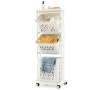 COSTWAY 3-Tier Laundry Basket on Wheels, Rolling Laundry Sorter Cart with 2 Small Tilted Baskets and 1 Large Basket, Slim Laundry Hamper Washing Bin Dirty Clothes Trolley Organizer, 40x30x112cm, White