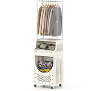 Costway 3-Tier Laundry Cart Folding Laundry Hamper with Hanging Bar in Beige COSTWAY Beige