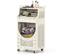 Costway 3-Tier Laundry Cart Folding Laundry Hamper with Lockable Wheels in Beige COSTWAY Beige
