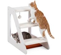COSTWAY 3-Tier Pet Steps, Cat Climb Ladder with Non-Slip Corduroy Surface | Cosy Bed & Hanging Bell Toy, Dog Stairs for Access to Sofa, Bed and Window