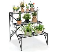 COSTWAY 3 Tier Plant Stand, Stair Style Metal Flowers Pot Holder Storage Shelf, Ladder Decorative Display Rack for Indoor Outdoor Balcony Garden Yard (61 x 63 x 67 cm)