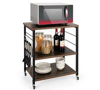 COSTWAY 3-Tier Rolling Baker’s Rack, Kitchen Storage Shelf with Lockable Wheels and Removable Hooks, Industrial Metal Frame Serving Cart for Home Office (2 Adjustable Shelves, Dark Brown)