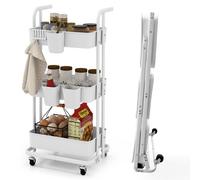 Costway 3-Tier Rolling Cart Folding Storage Cart W/ 3 Hanging Cups & 6 Hooks White