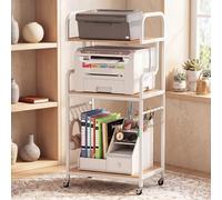 COSTWAY 3-Tier Rolling Printer Stand, Large Printer Cart (Natural) | Storage Shelves, 10 Hooks & Locking Wheels, Home Office Heavy-Duty Tall Mobile Machine Table for Shredder Scanner Fax