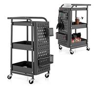 COSTWAY 3-Tier Rolling Trolley, Metal Storage Cart with 2 Pegboards, 2 Baskets, 4 Hooks, Handle & Lockable Wheels, Mobile Utility Serving Rack Shelving for Home Kitchen Office Garage (Grey)
