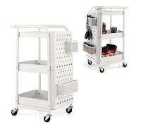 COSTWAY 3-Tier Rolling Trolley, Metal Storage Cart with 2 Pegboards, 2 Baskets, 4 Hooks, Handle & Lockable Wheels, Mobile Utility Serving Rack Shelving for Home Kitchen Office Garage (White)
