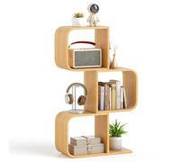 Costway 3-Tier S-Shaped Bookcase Bamboo Bookshelf W/ 3 Open Cubes-Natural