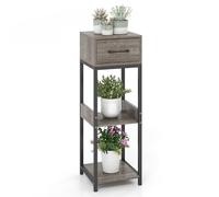 COSTWAY 3 Tier Tall Metal Plant Stand, Corner Plant Holder with Anti-tipping Devices, Freestanding Display Shelf Square Flower Pot Organizer (with Top Drawer)