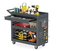 COSTWAY 3-Tier Tool Trolley on Wheels, Lockable Metal Mechanic Tool Cart with Drawer, 2 Pegboards, 8 Hooks & Handle, Rolling Utility Service Trolley for Workshop Garage Kitchen, 210KG Load (Grey)