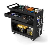 COSTWAY 3-Tier Tool Trolley on Wheels, Lockable Metal Mechanic Tool Cart with Drawer, 2 Pegboards, 8 Hooks & Handle, Rolling Utility Service Trolley for Workshop Garage Kitchen, 210KG Load (Black)