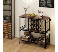Costway 3 Tiers Kitchen Bar Table Home Serving Cart With Glass Racks-Vintage Brown