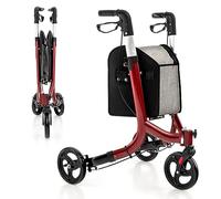 COSTWAY 3 Wheel Folding Rollator, Lightweight Aluminium Mobility Walker with Adjustable Handle, Storage Bag and Brakes, Walking Aid for Elderly Disabled (Red, 69 x 60 x 87-99 cm)