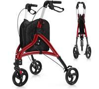 COSTWAY 3 Wheel Folding Rollator, Lightweight Aluminium Mobility Walker with Adjustable Handle, Storage Bag and Brakes, Walking Aid for Elderly Disabled (Red, 78 x 67.5 x 86-96 cm)