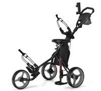 COSTWAY 3 Wheel Golf Push Pull Cart, Lightweight Foldable Golf Trolley with Adjustable Height Handle, Umbrella Stand, Cup Holder and Foot Brake (132 x 75 x 116cm, Gray, with Detachable Stool)