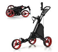 COSTWAY 3 Wheel Golf Push Pull Cart, Lightweight Foldable Golf Trolley with Adjustable Height Handle, Umbrella Stand, Cup Holder and Foot Brake (122 x 69 x 114cm, Red, no Detachable Stool)