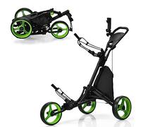 COSTWAY 3 Wheel Golf Push Pull Cart, Lightweight Foldable Golf Trolley with Adjustable Height Handle, Umbrella Stand, Cup Holder and Foot Brake (122 x 69 x 114cm, Green, no Detachable Stool)