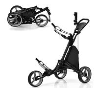 COSTWAY 3 Wheel Golf Push Pull Cart, Lightweight Foldable Golf Trolley with Adjustable Height Handle, Umbrella Stand, Cup Holder and Foot Brake (122 x 69 x 114cm, Gray, no Detachable Stool)
