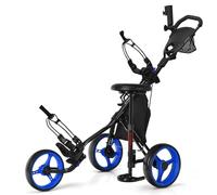 COSTWAY 3 Wheel Golf Push Pull Cart, Lightweight Foldable Golf Trolley with Adjustable Height Handle, Umbrella Stand, Cup Holder and Foot Brake (132 x 75 x 116cm, Blue, with Detachable Stool)