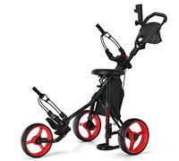 COSTWAY 3 Wheel Golf Push Pull Cart, Lightweight Foldable Golf Trolley with Detachable Stool, 4 Height Position Handle, Adjustable Umbrella Stand, Storage Bag, Cup Holder and Foot Brake (Red)