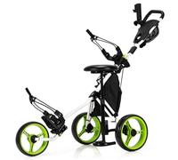 COSTWAY 3 Wheel Golf Push Pull Cart, Lightweight Foldable Golf Trolley with Detachable Stool, 4 Height Position Handle, Adjustable Umbrella Stand, Storage Bag, Cup Holder and Foot Brake (Green)