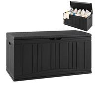 COSTWAY 300L/380L Garden Storage Box, Waterproof Resin Deck Box Bench with Lockable Lid & Side Handles, Wood Texture Outdoor Patio Storage Container for Cushion Tool Toy (Black,300L)