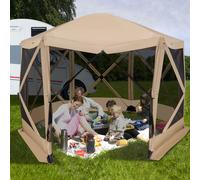Costway 346 x 305 cm Pop-up Screen House Tent 6-Sided Camping Gazebo Instant Setup Hub Tent with Portable Carrying Bag in Beige COSTWAY Beige 346 x 305 cm